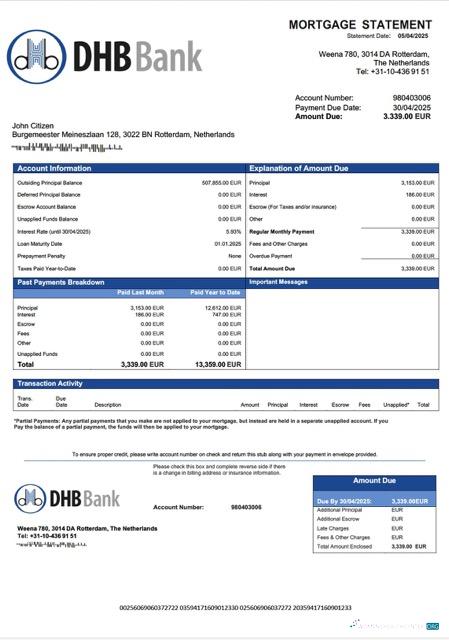 Download Netherlands DHB Bank mortgage statement Word and PDF template Photoshop template